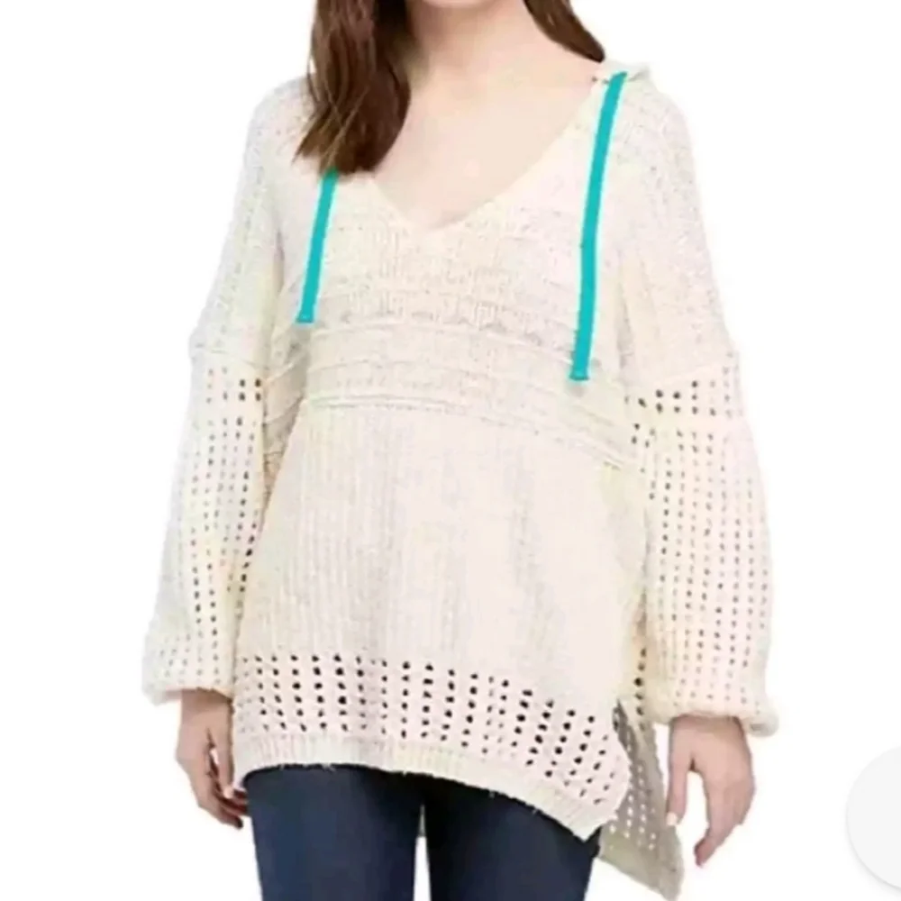 Free People light Beige‎ and blue knitted boho oversized hooded  sweater size L